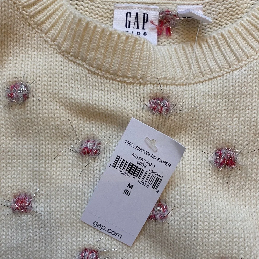 New gap kids sweater dots poms medium 8 cream pink tinsel nwt